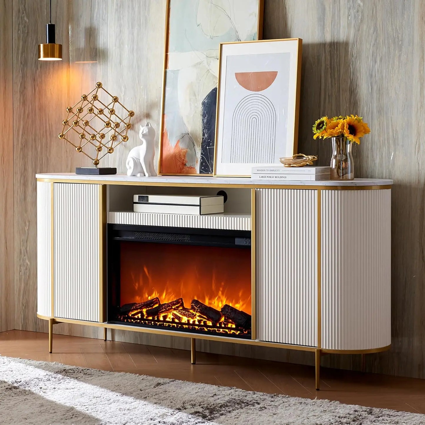 Fluted Fireplace TV Stand With Faux Marble Modern Curved Console