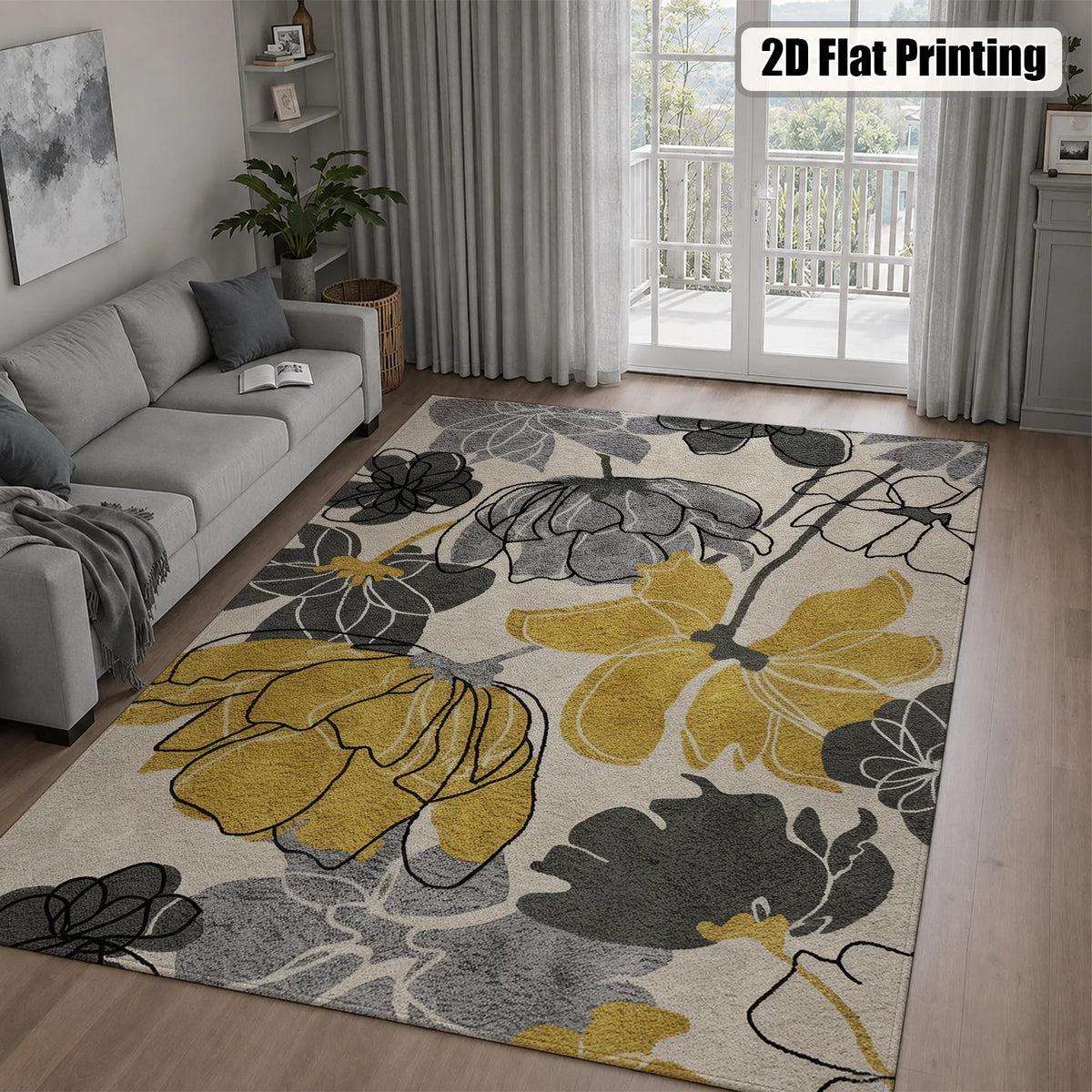Large Indoor Area Rug, Soft Velvet Low Pile Non-Slip Machine Washable Abstract Floral Rug in Mustard Yellow & Gray Tones for Living Room, Bedroom, Entryway