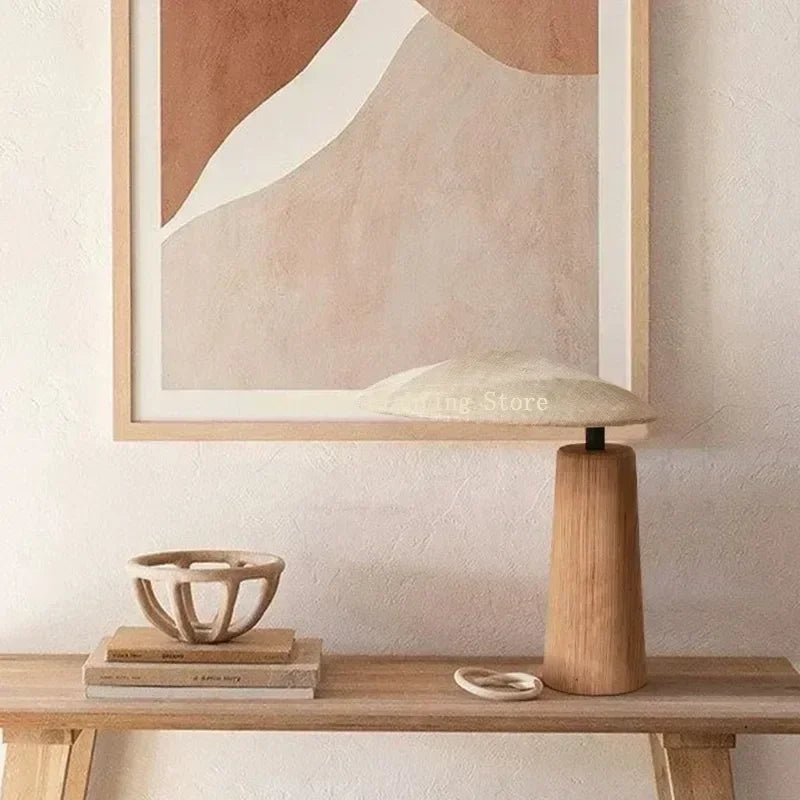 Wabi Sabi Table Lamp Solid Wood Bedroom Bedside Japanese Wooden Homestay Teahouse Fabric Home Decoration Desk Light