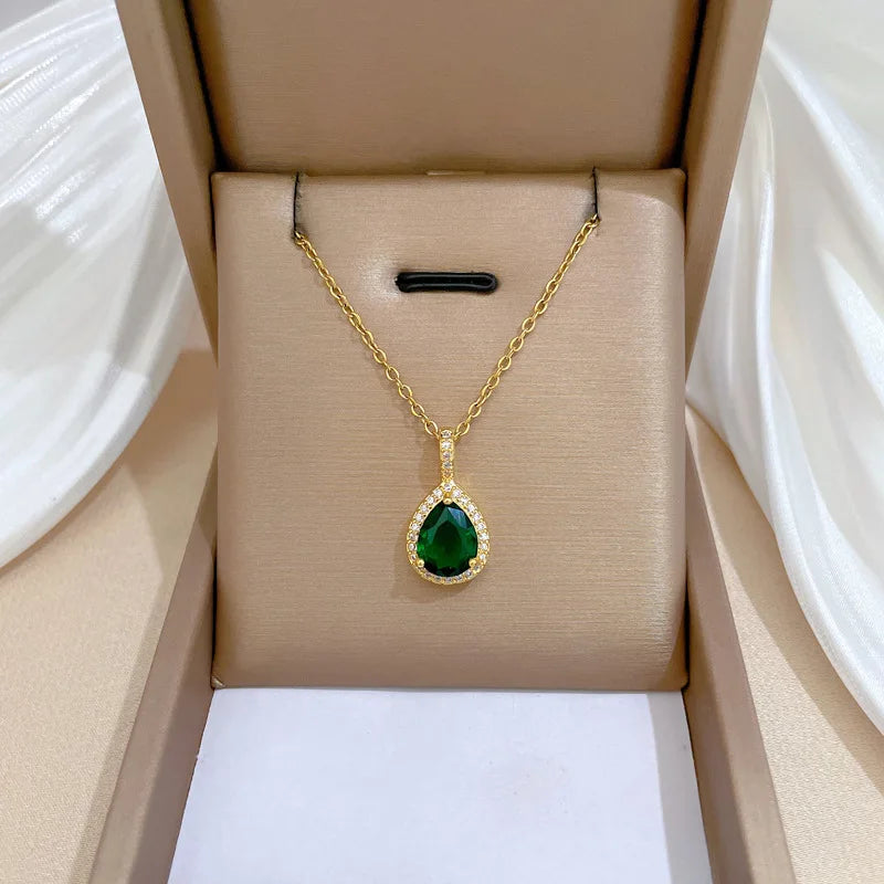 XIYANIKE Water Drop Emerald Zircon Pendant Necklace Earrings Jewelry Set For Women Stainless Steel Chain Necklaces Party Gift