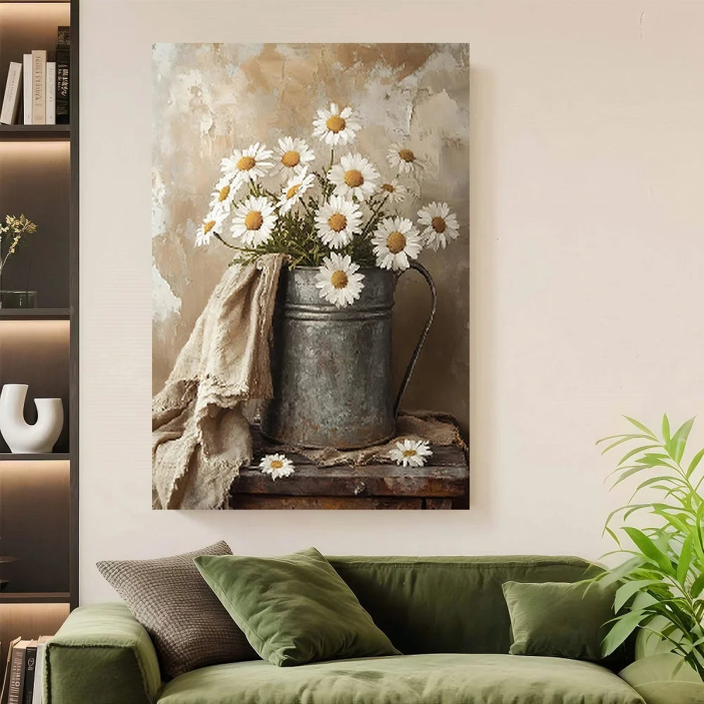 Framed Canvas Print Vintage Daisies In Distressed Metal Can