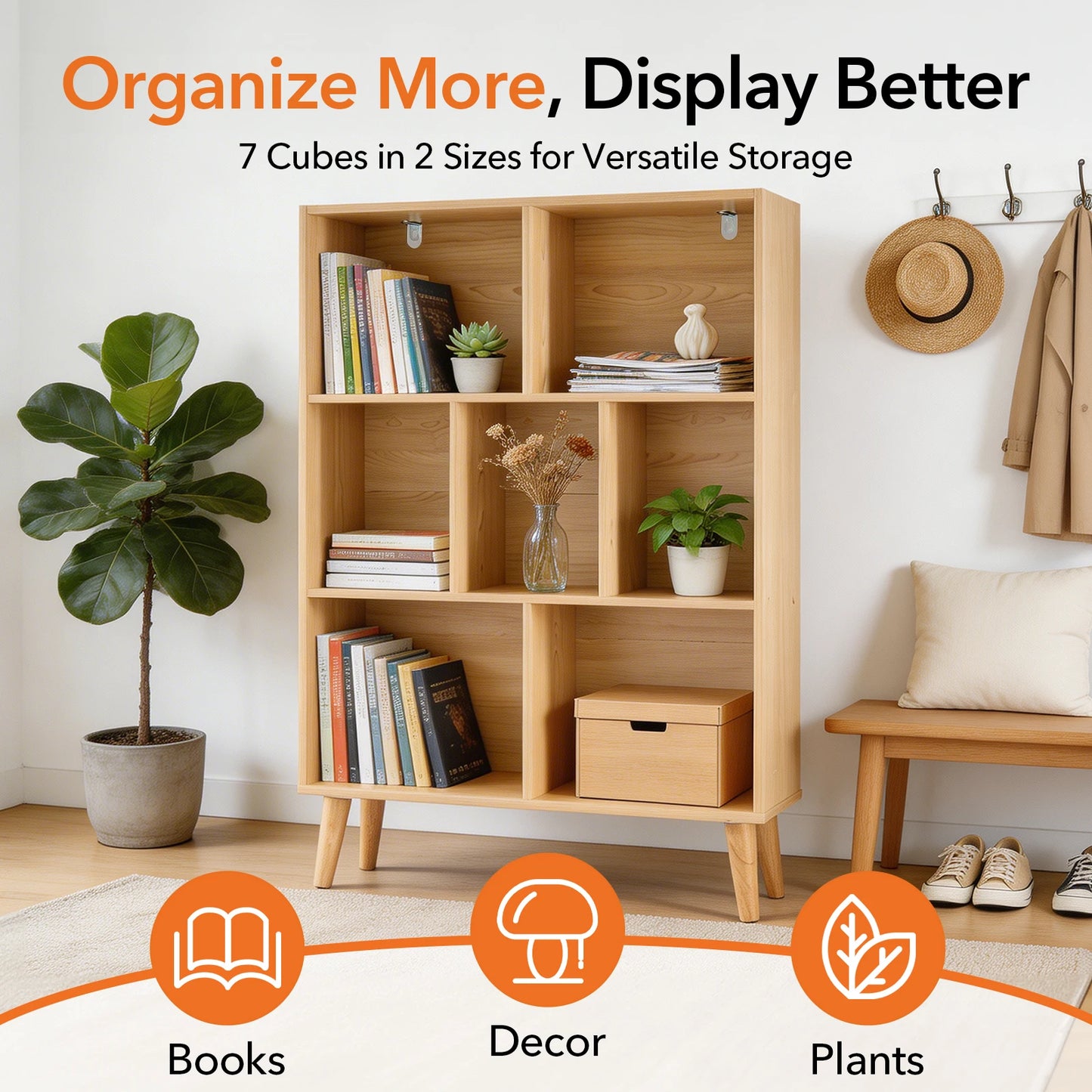 JHK 3 Tier Bookshelf Wooden 7 Cube Storage Organizer Display Bookcase Open Standing Shelf with Legs Graduated Shelves for Home