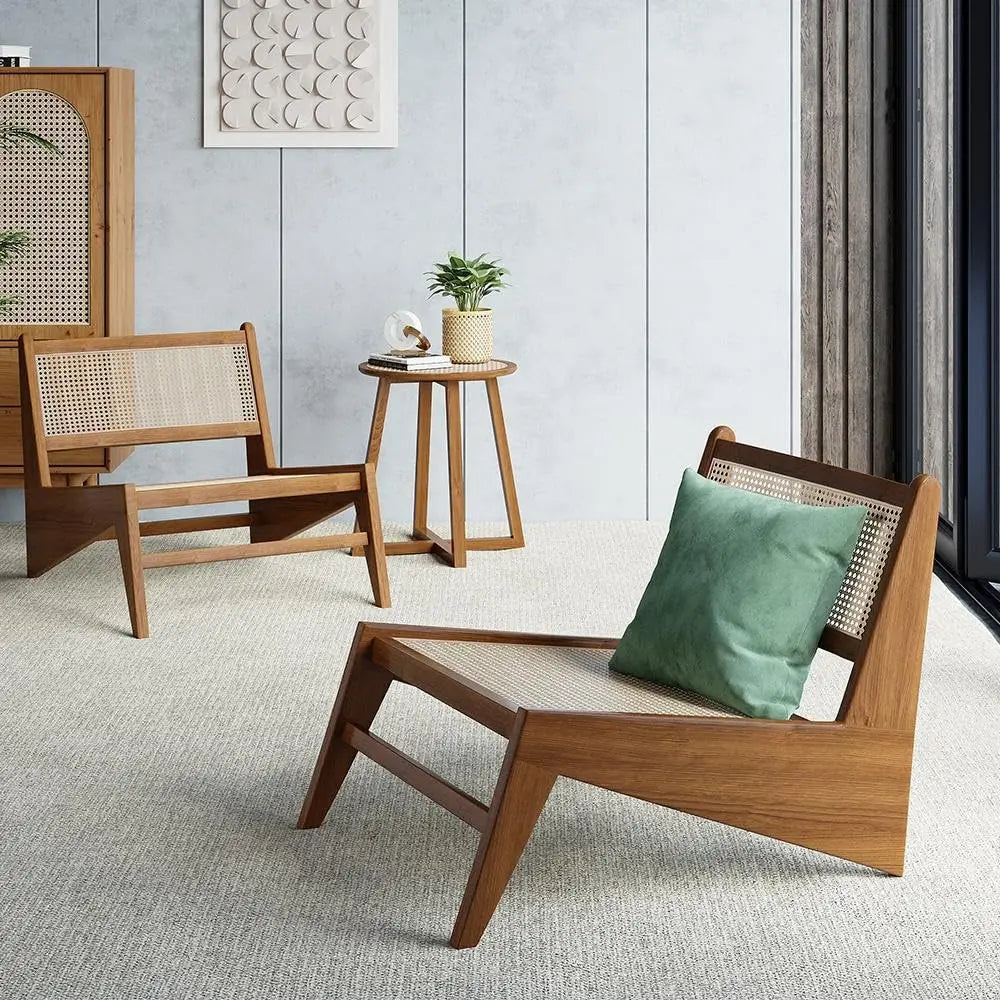 Mid Century Modern Chair Walnut Rattan and Wood Lounge Chairs Armless Accent Chair for Living Room Bedroom, Customized