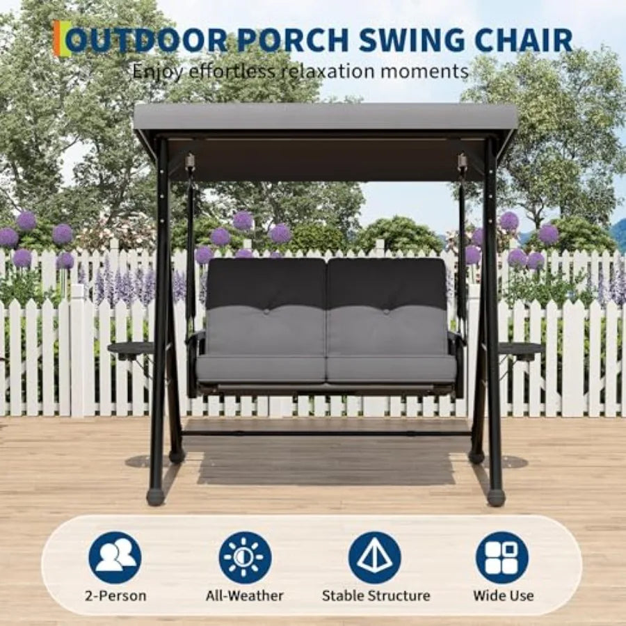2 Seat Outdoor Porch Swing, 2-in-1 Patio Swing Chair with Thickened Removable Cushions, Adjustable Canopy ＆ Cup Holders, Outdoo
