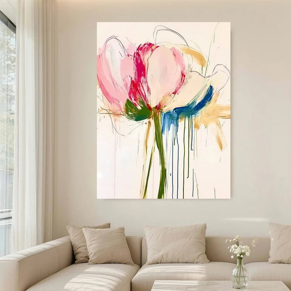 Framed 2D Flat S Colorful Abstract Floral Wall Art With Wooden Frame - Canvas, Pink, Blue, And Green Flower Designs For Bedroom,