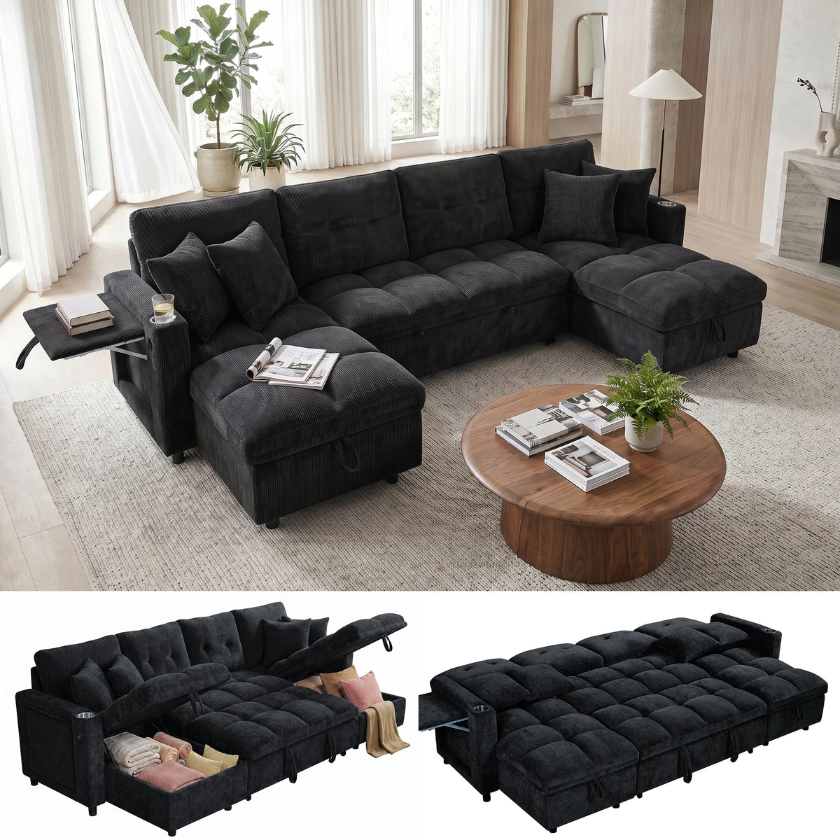 Convertible U-Shaped Sleeper Sofa, 107.8" 2-in-1 Pull Out Bed Sectional with Double Storage Chaise, Charging Station and Cup Holders, Chenille Fabric Couch for Living Room, Blue