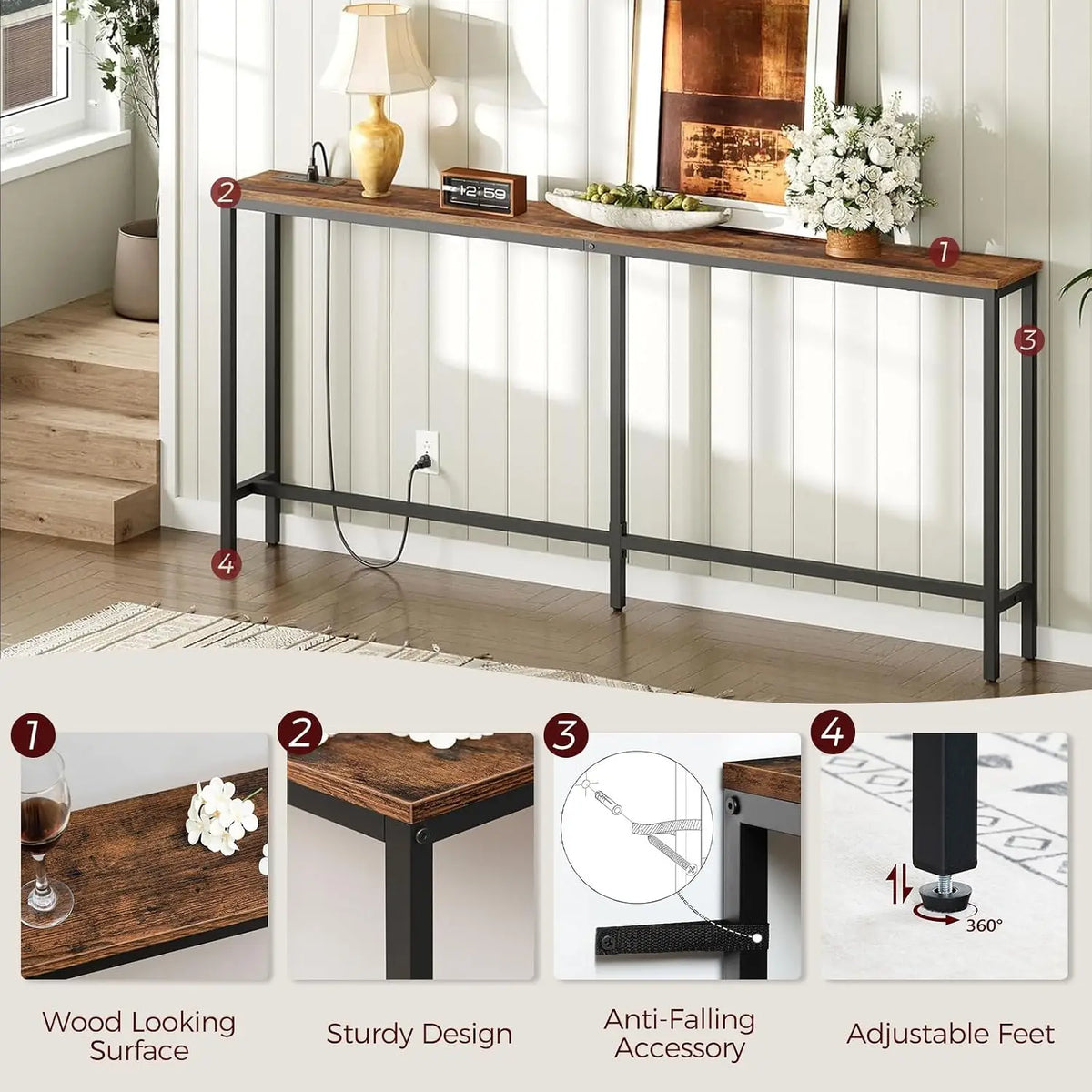 70.9-Inch Console Table with Power Outlet and Charging Station, Narrow Sofa Table, Skinny Behind Couch Table for Entryway, Hallway, Foyer, Living Room, Rustic Brown
