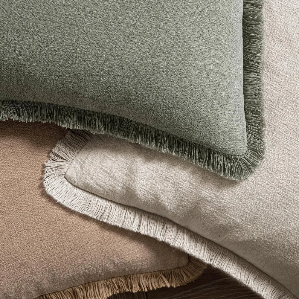 Set of 2 Boho Farmhouse Throw Pillow Covers 20x20 Linen Fringe Neutral Beige