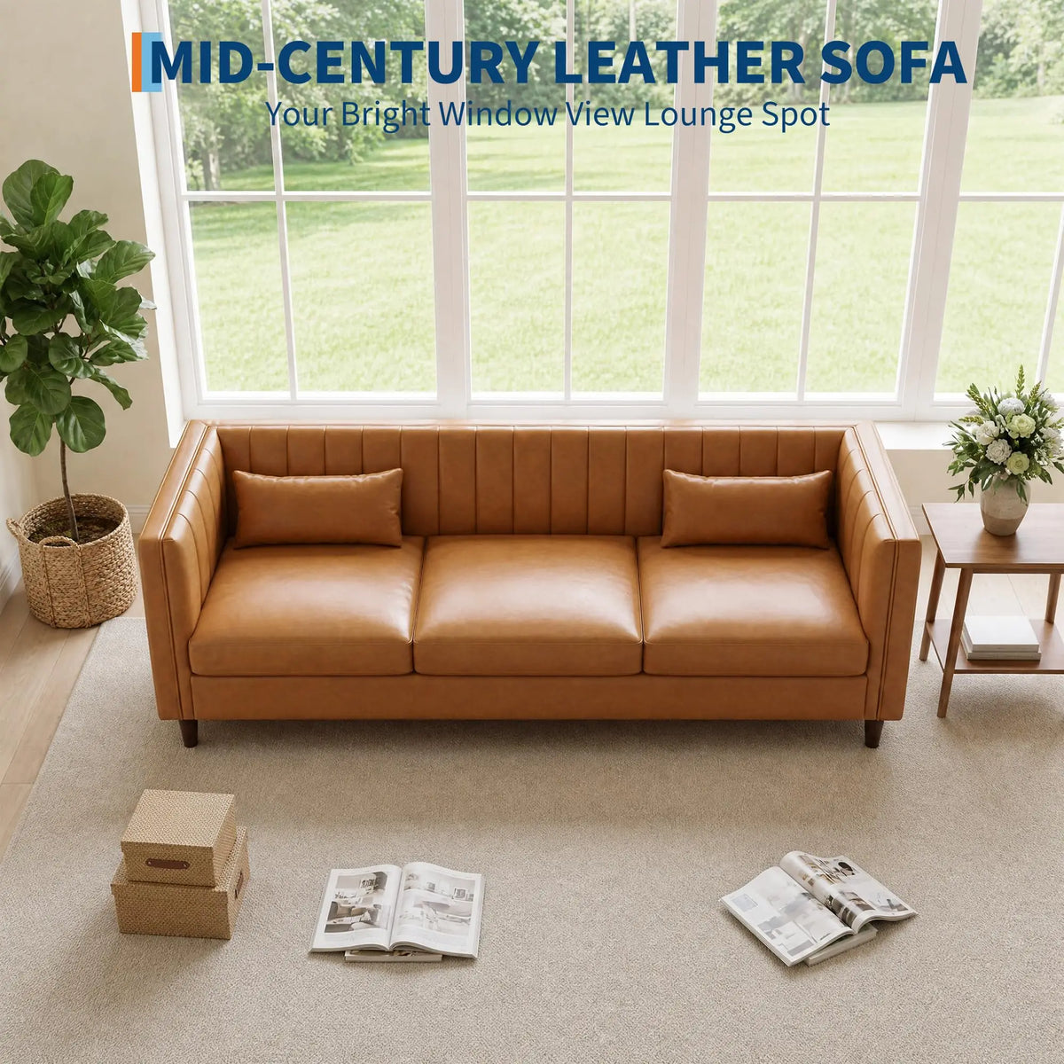 HiMISS Mid Century Modern Three Seat Faux Leather Sofa