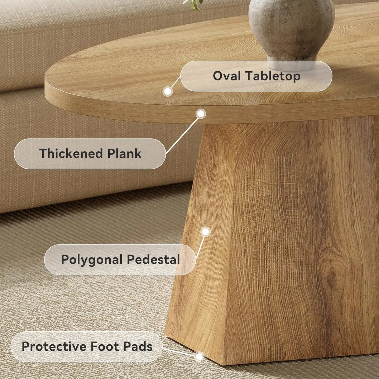 Oval Coffee Table, 47-Inch Living Room Table with Polygonal Pedestal, Modern Center Accent Furniture,Easy Assembly, Yellowish Brown