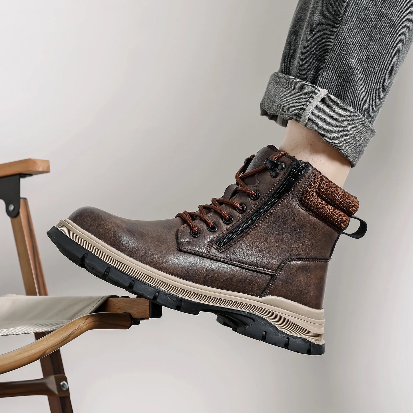 Brown Leather Waterproof Work Shoes Steel Toe Men Work Safety Shoes Zipper's Construction Shoes Outdoor Work Footwear
