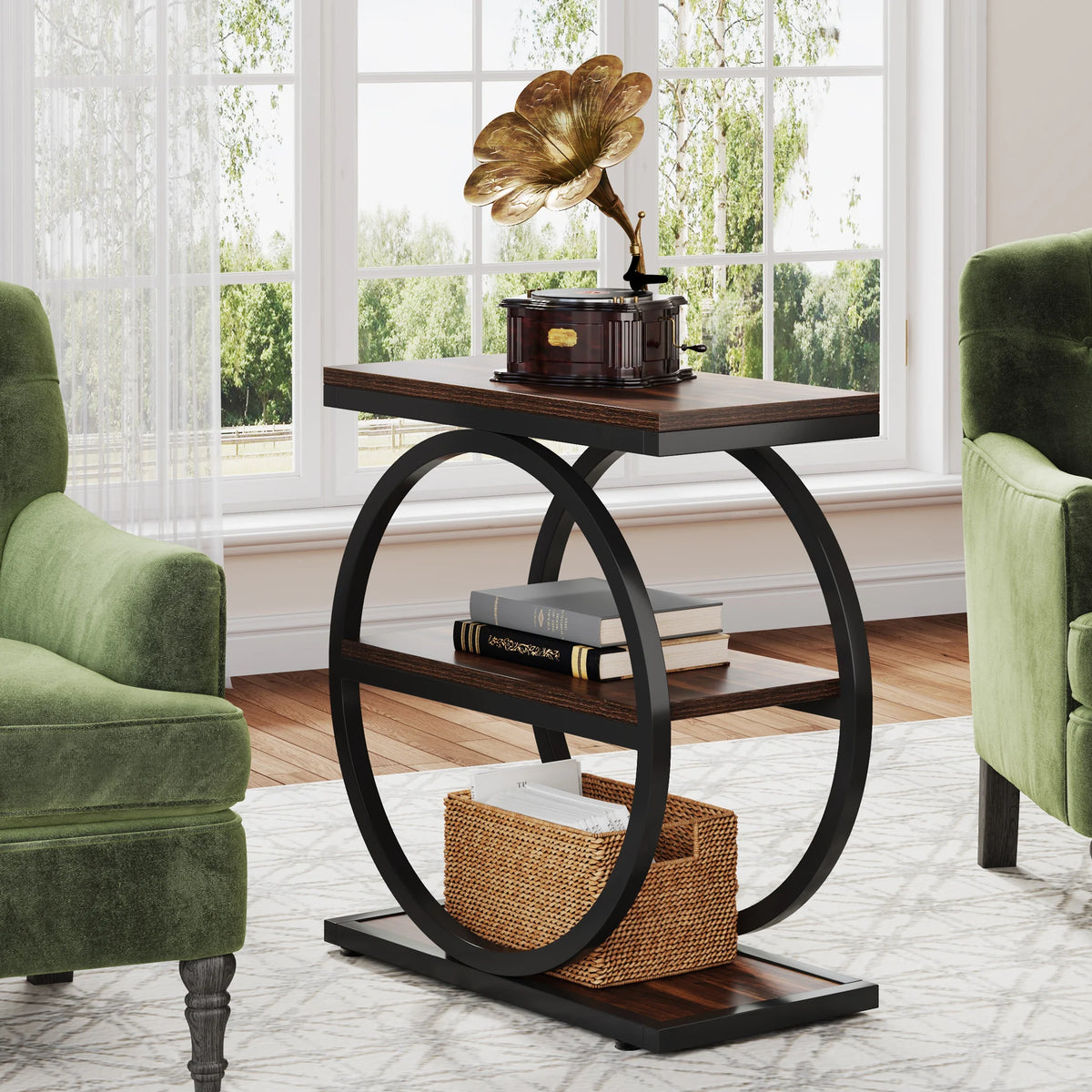 Tribesigns Industrial End Table With 3 Storage Shelves Metal Frame