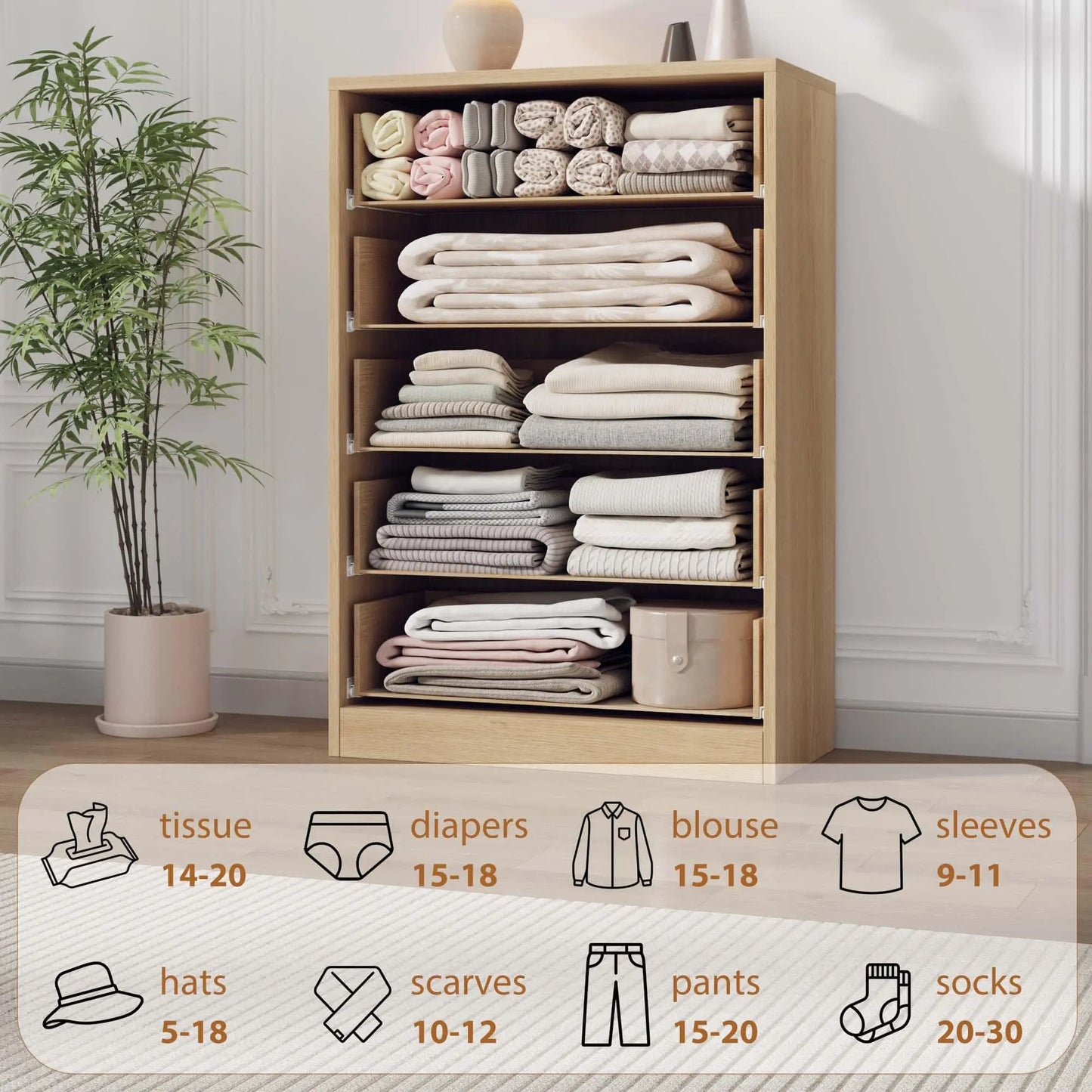 5 Drawer Dresser For Bedroom, 43.3in Tall Wooden Storage Chest With Deep Drawers, Modern Closet Cabinet For Living Room Entryway Hallway