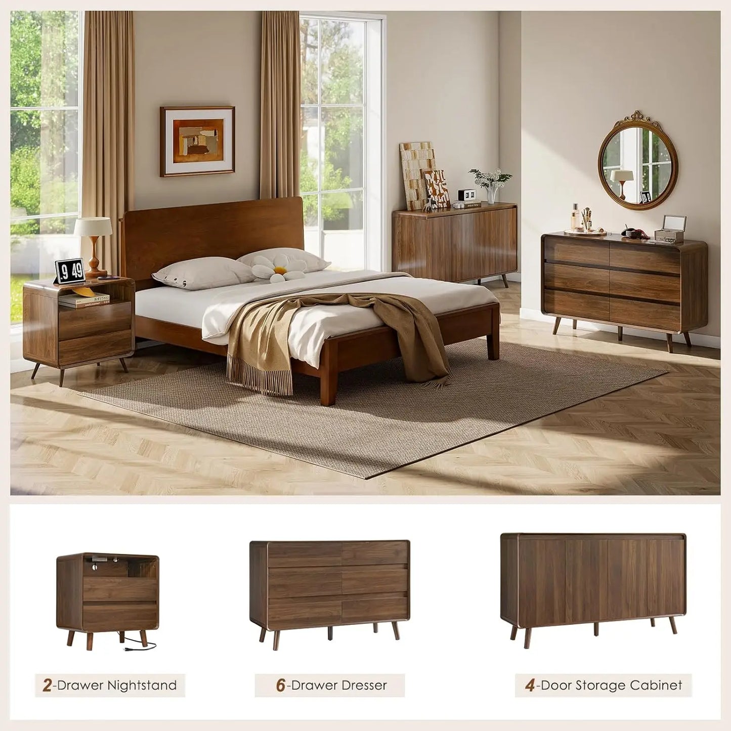 6 Drawer Mid Century Modern Wood Dresser Storage for Bedroom Hallway Entryway Walnut, Customized