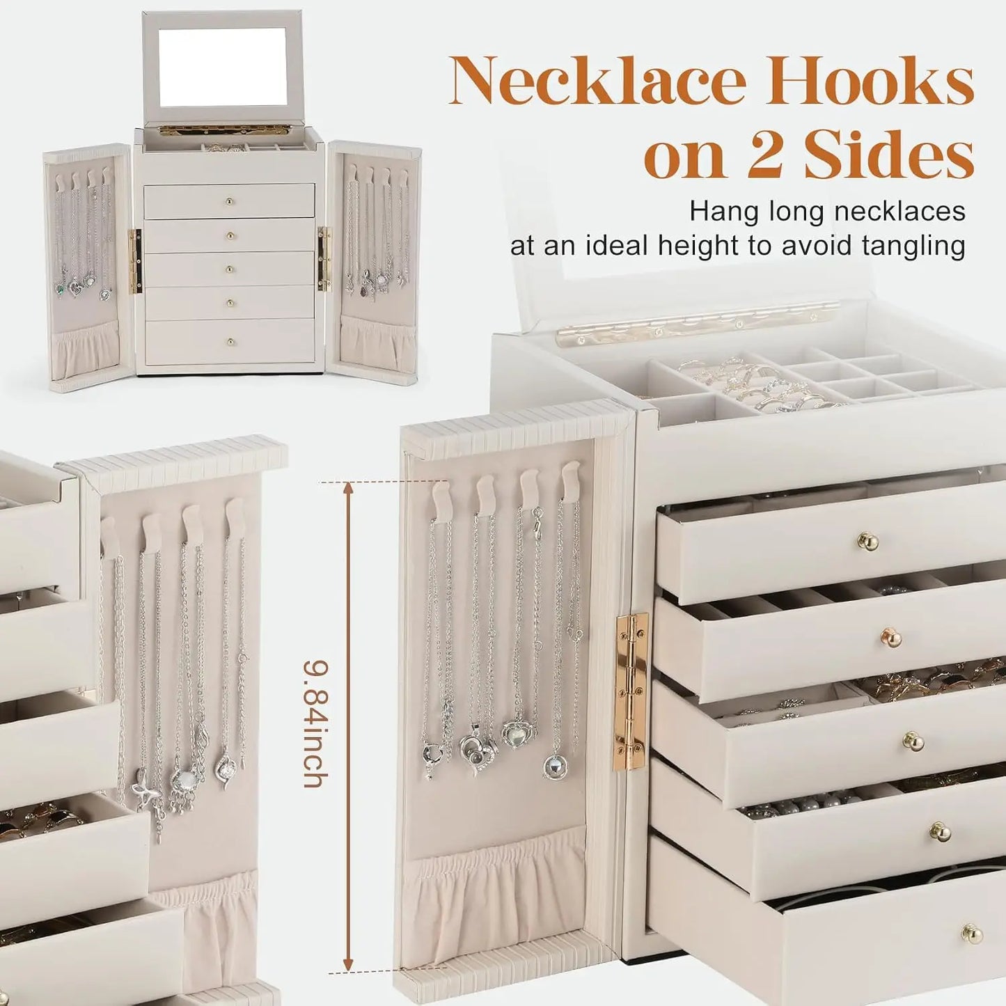 Large Jewelry Organizer Box, Jewelry Boxes for Women Girls, 6-Tier Jewelry Storage Organizer with Mirror for Necklace Ring Bracelet Watch, Gift Idea (Beige)