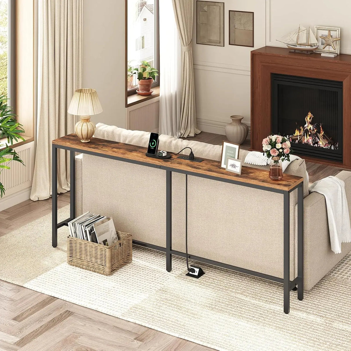 70.9-Inch Console Table with Power Outlet and Charging Station, Narrow Sofa Table, Skinny Behind Couch Table for Entryway, Hallway, Foyer, Living Room, Rustic Brown