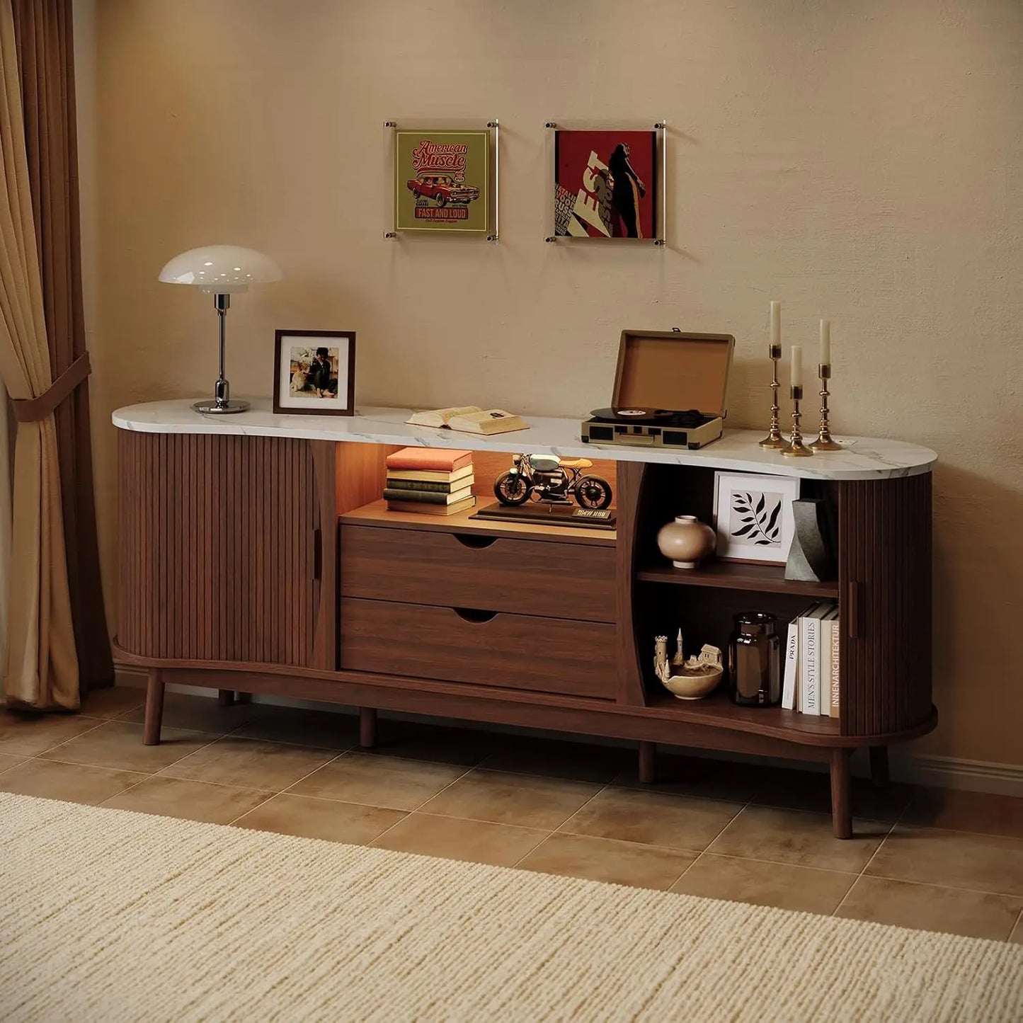 70-inch Fluted TV Stand Entertainment Center for TVs up to 80", Mid-Century Modern Bean-Shaped Console with USB/Outlet, LED Lights & Storage - for Living Room, Bedroom (Black/Walnut)