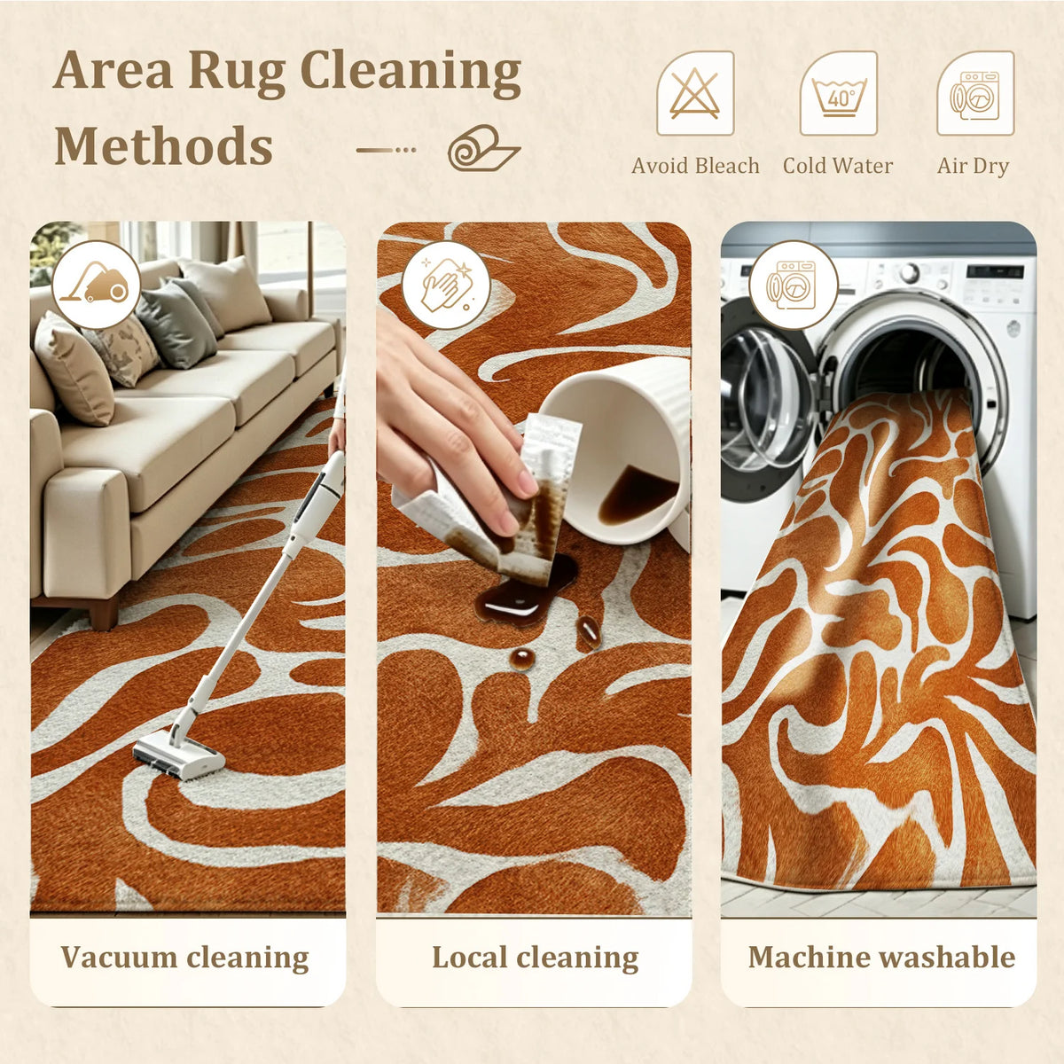 Large Indoor Area Rug, Soft Velvet Low Pile Floor Rug with Non-Slip Dotted Backing, Machine Washable Warm Terracotta Abstract Organic Pattern for Living Room, Bedroom, Entryway