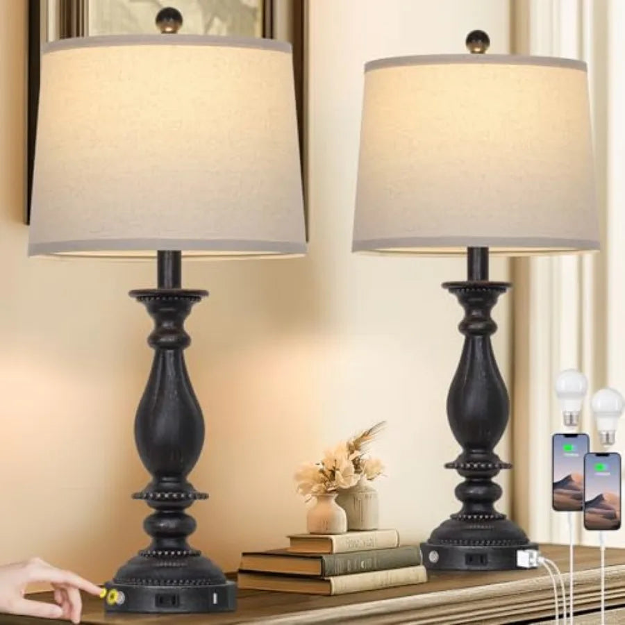 Rustic Farmhouse Table Lamps With Night Light, Set of Two