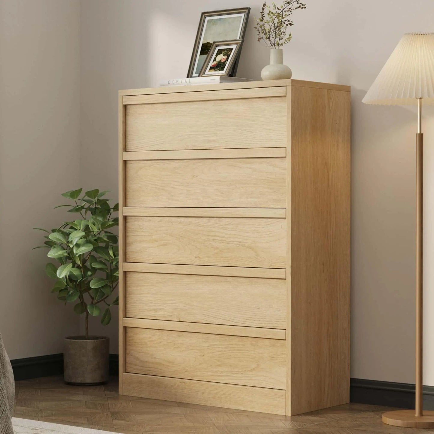 5 Drawer Dresser For Bedroom, 43.3in Tall Wooden Storage Chest With Deep Drawers, Modern Closet Cabinet For Living Room Entryway Hallway