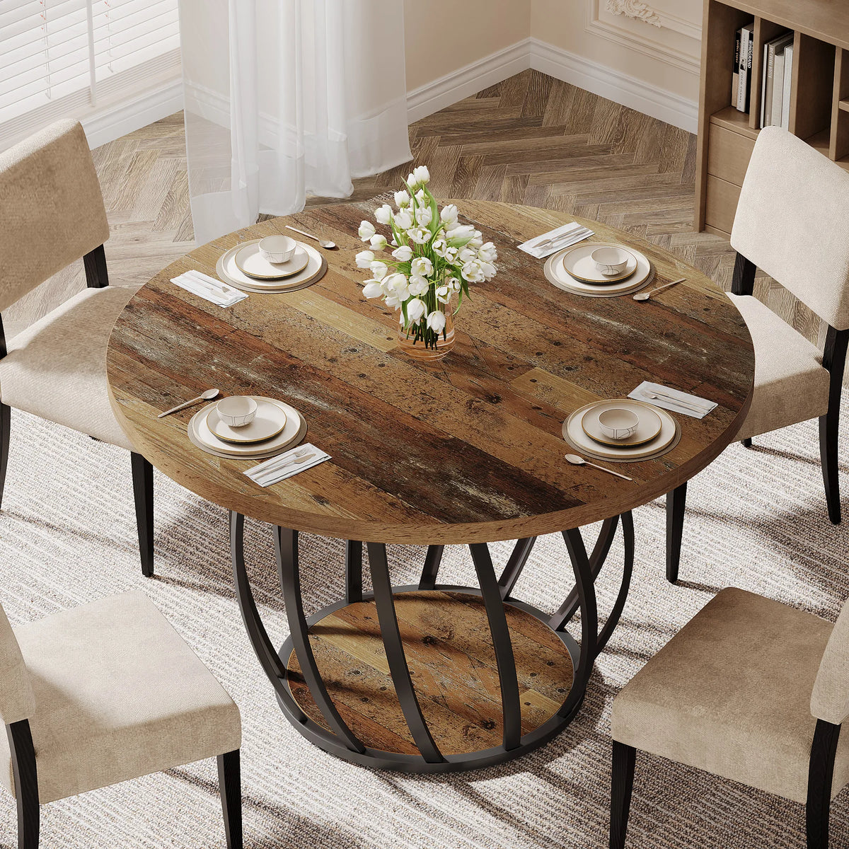 Tribesigns Round Wood Dining Kitchen Table with Sturdy Metal Base