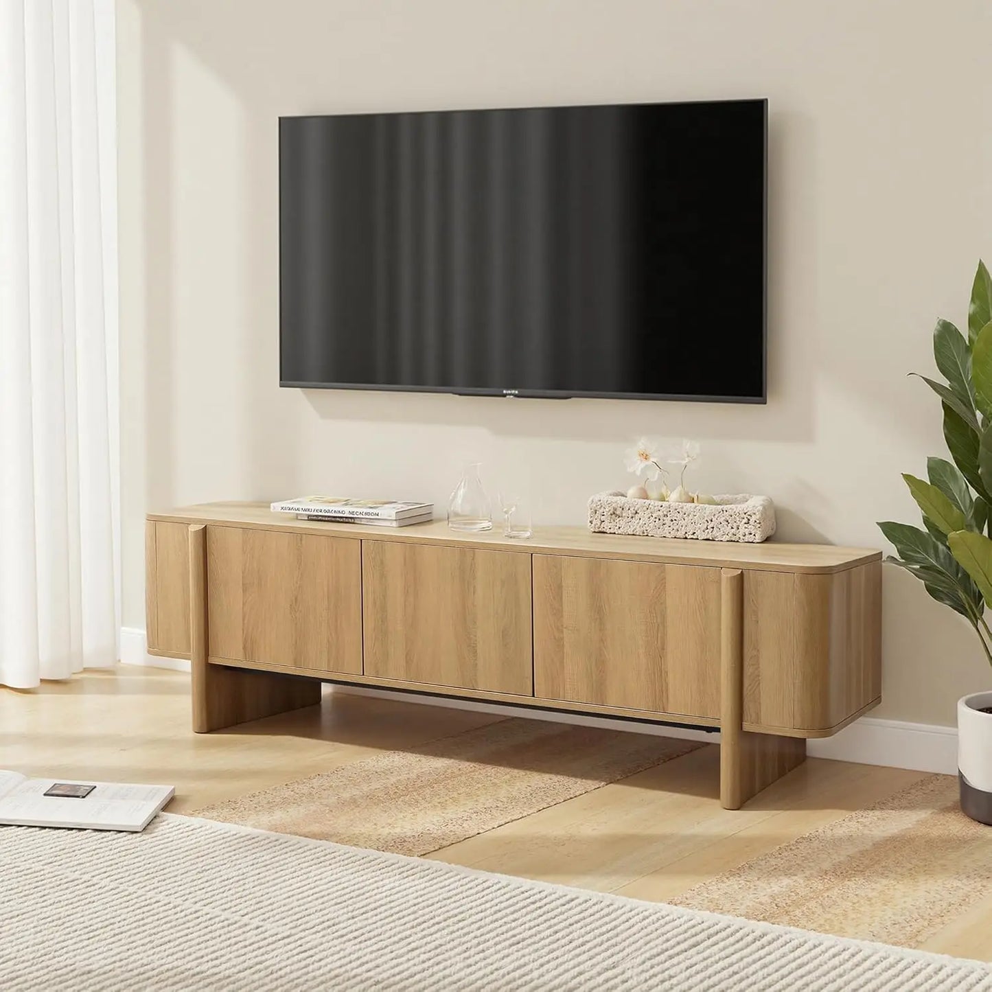 Oak TV Stand Media Console With Low Profile Storage