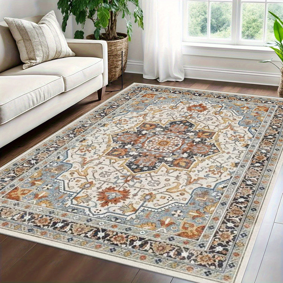 Traditional Oriental Medallion Area Rug Retro Floral Pattern Floor Carpet for Living Room Bedroom Study Room Home Decor