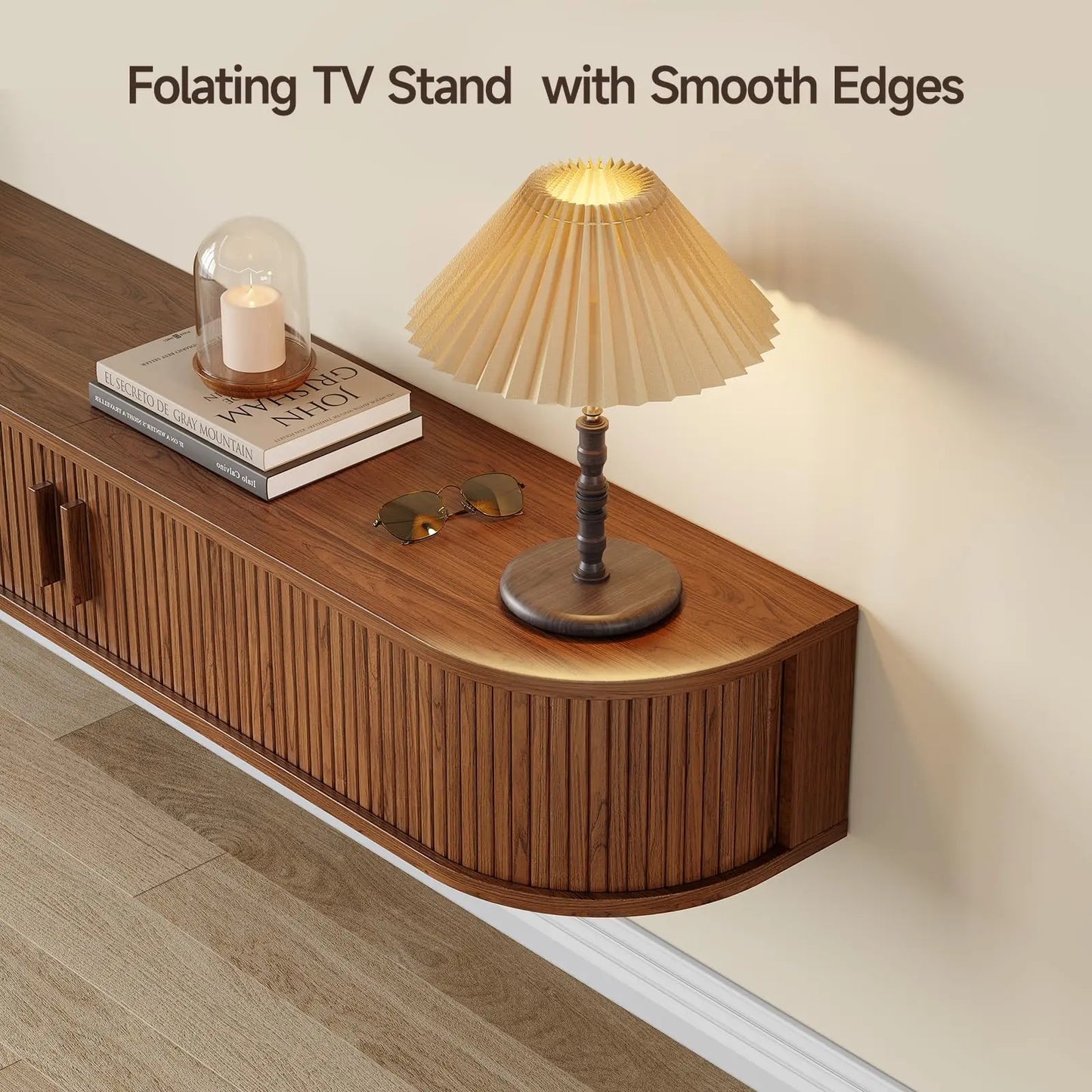 Floating TV Stand with Power Outlet for TVs up to 95 Inch, Wall Mounted TV Stand with LED Lights and Remote, Fluted Entertainment Center, Mid Century Modern TV Console Media Storage Cabinet with Sliding Door, Black