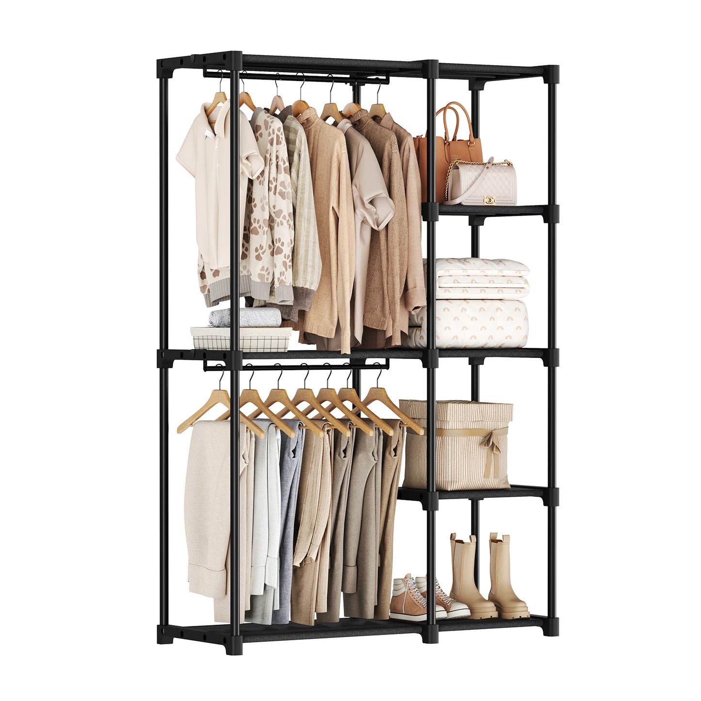 JHK 44IN to 49IN Portable Wardrobe Closet with Hanging Rods Clothing Rack with Shelves Mudroom Storage Organizer For Home