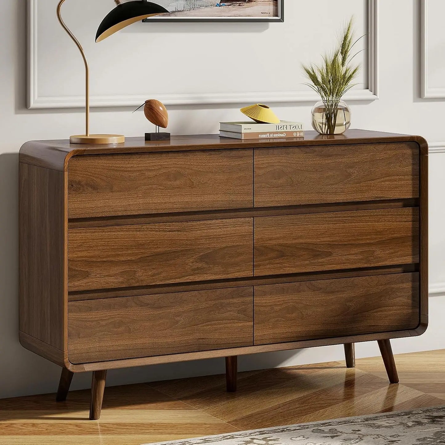6 Drawer Mid Century Modern Wood Dresser Storage for Bedroom Hallway Entryway Walnut, Customized