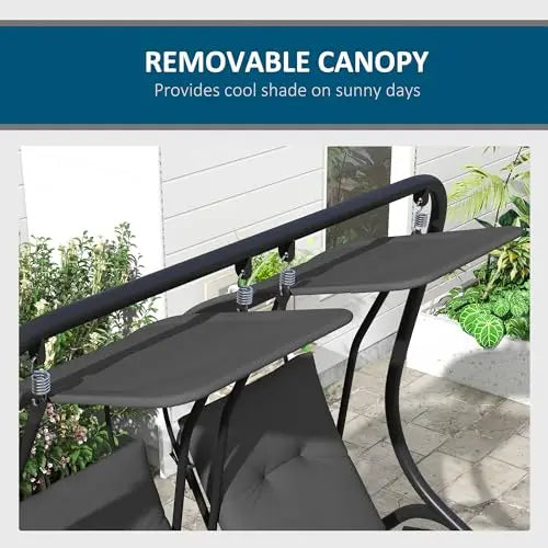 Gray Two-Seat Outdoor Hanging Swing With Adjustable Canopy And Side Cup Holders For Deck Garden Or Pool Area