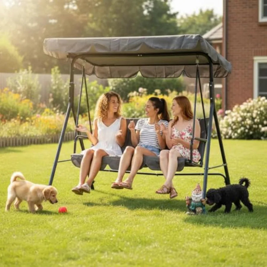 3-Person Outdoor Porch Swing Chair with Adjustable Canopy, Breathable Fabric Seat and Backrest, Armrests, Heavy-Duty Frame, 600
