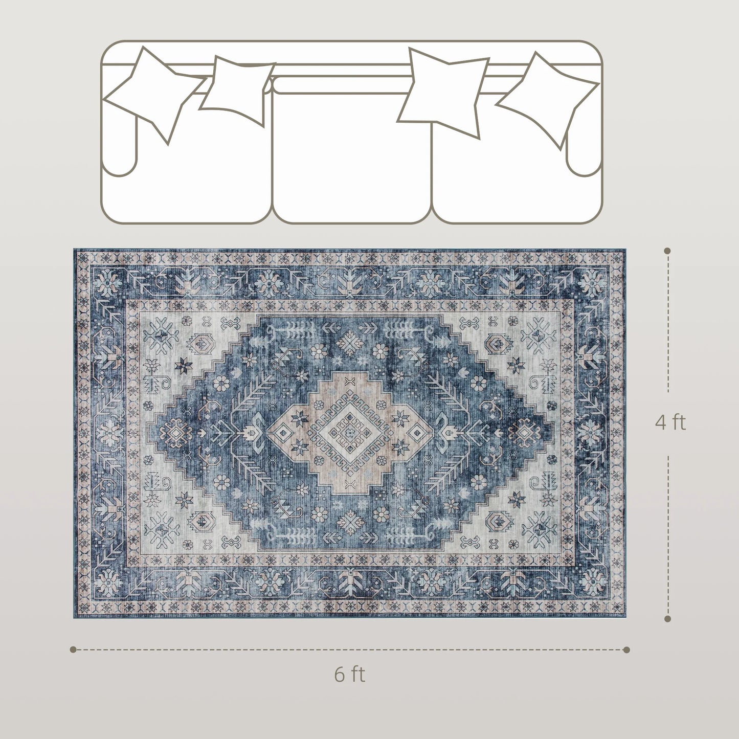 Machine Washable Area Rug, 4'x6' Vintage Oriental Medallion Distressed Rugs Soft Printed Floor Mat, Blue