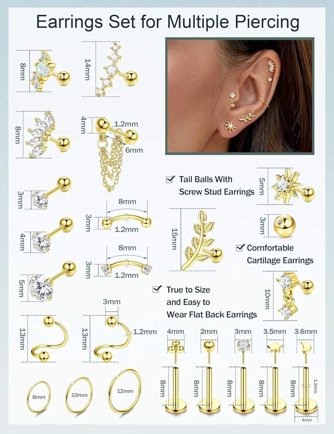 22Pcs 16G Cartilage Earrings for Women-Surgical Stainless Steel Earring Set Flat Back Earrings Nose Studs Helix Piercing Jewelry