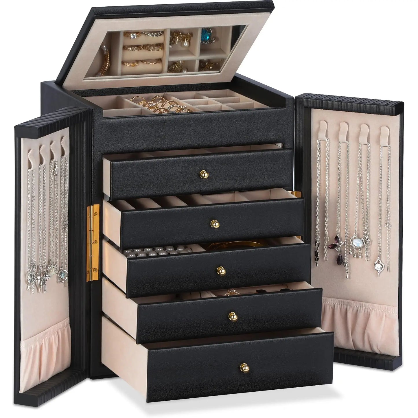 Large Jewelry Organizer Box, Jewelry Boxes for Women Girls, 6-Tier Jewelry Storage Organizer with Mirror for Necklace Ring Bracelet Watch, Gift Idea (Beige)