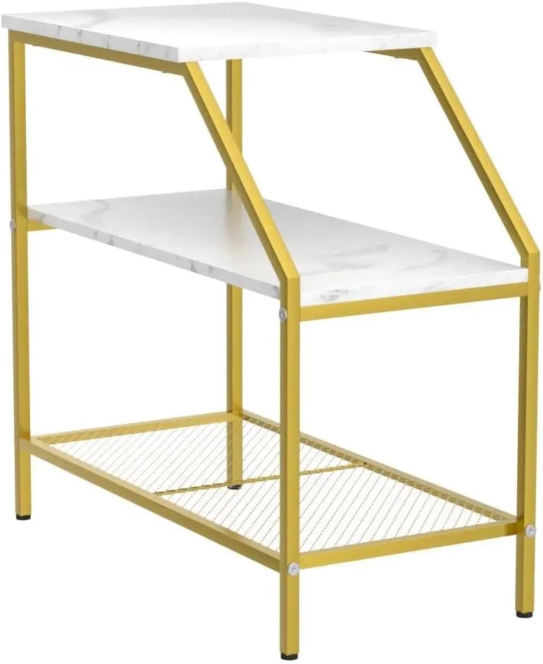 Wolawu End Table 3 Tiers 2pcs White Marble Wood Nightstand with Storage Ladder Shelf,Industrial Sofa Side Table for Small Space, Modern Trapezoid Plant Stand in Living Room Bedroom,Gold Metal Frame
