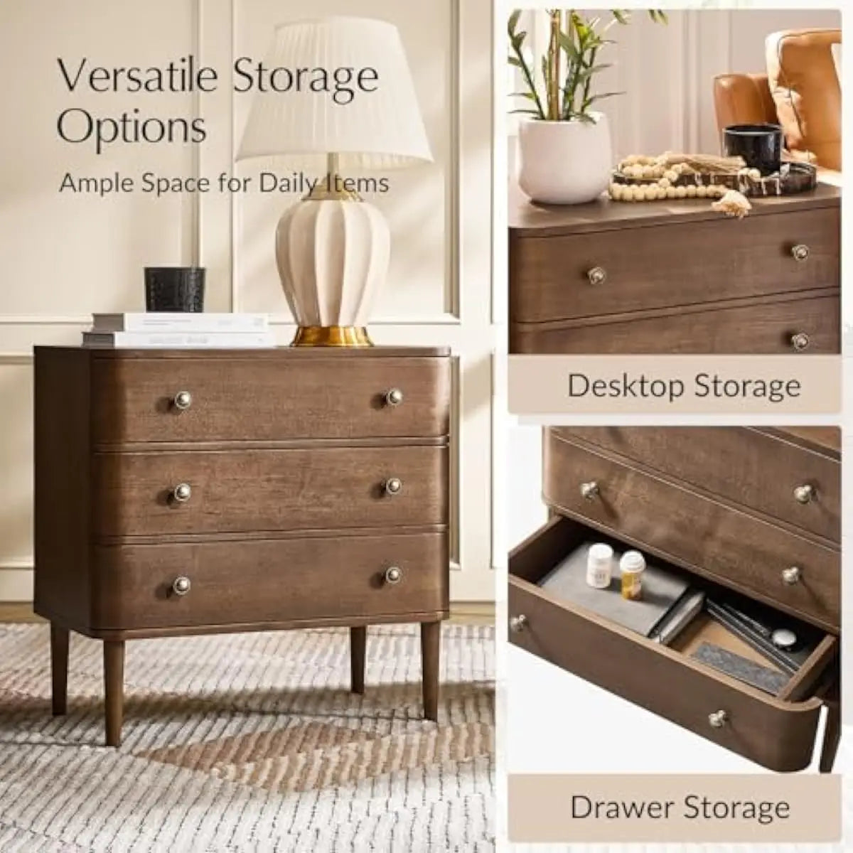 3-Drawer Curved End Table Set with Built-in Outlet & Adjustable Feet – Walnut Finish Solid Wood Construction – Modern Living Roo