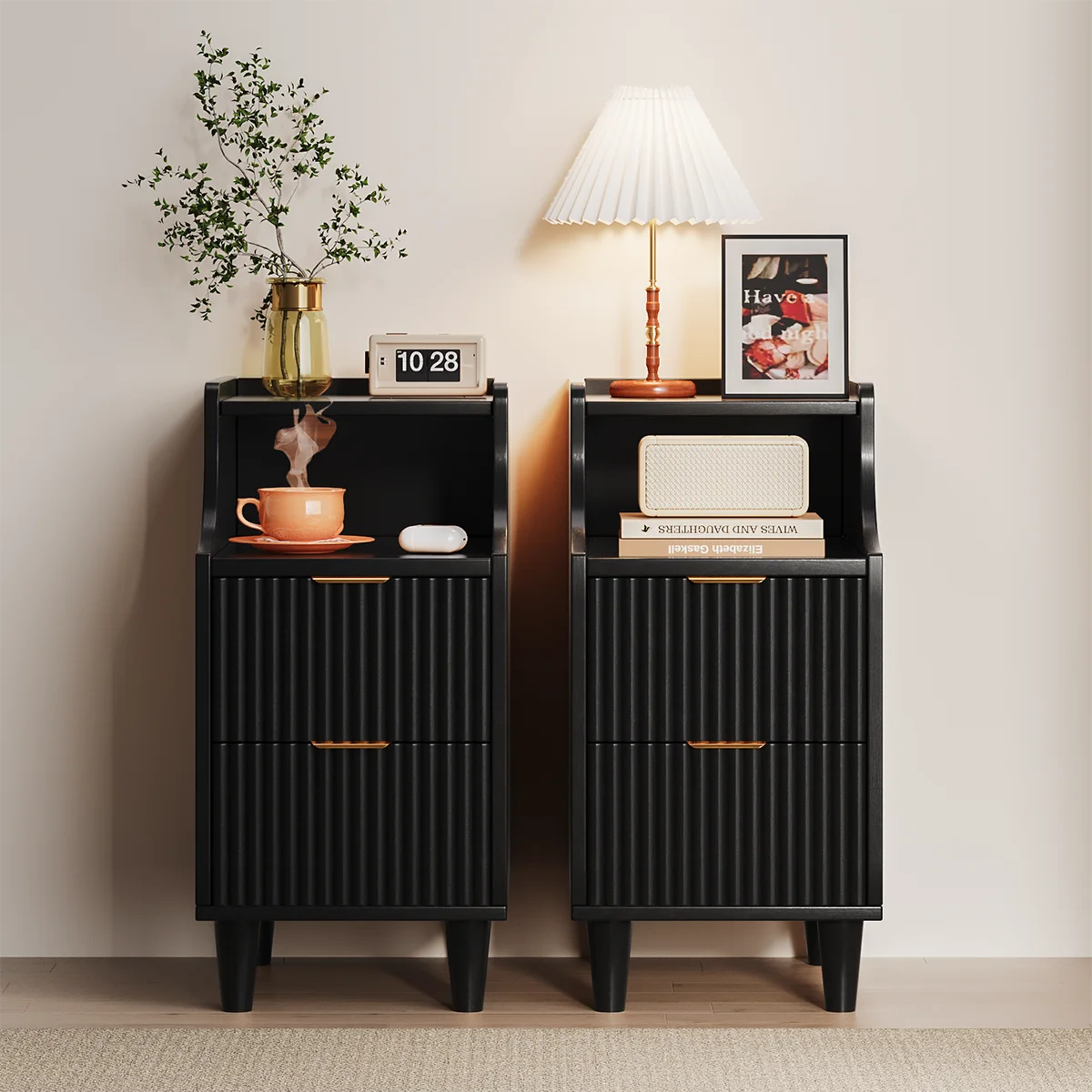 Set of 2, Narrow Nightstand with 2 Drawers, Slim Bedside Table | 11.81"W Modern Nightstand with Open Shelf , Space Saving Storage Cabinet for Bedroom and Study
