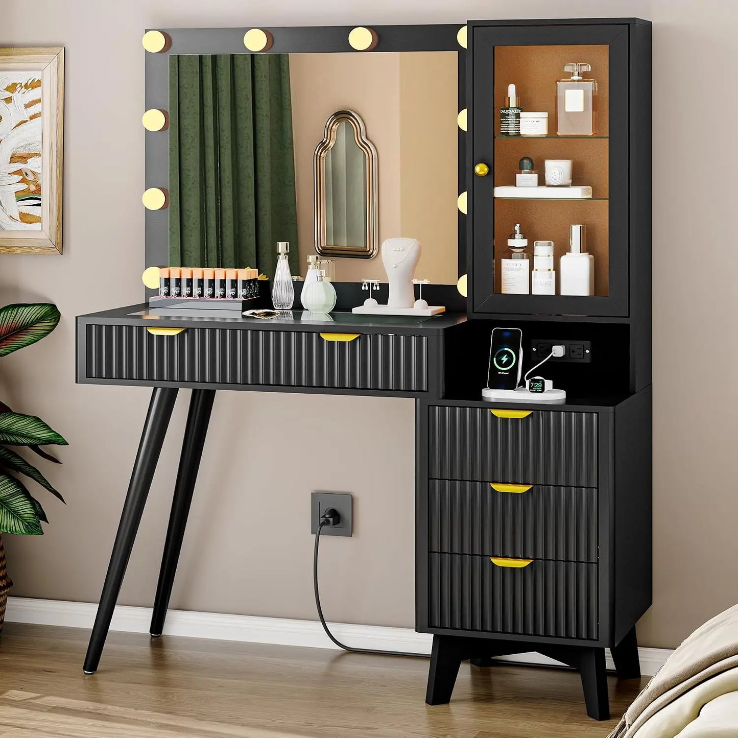 Fluted Vanity Desk with Mirror and Lights, 45" Glass Top Makeup Table Set with 5 Drawers, Power Outlet & Storage, Customized