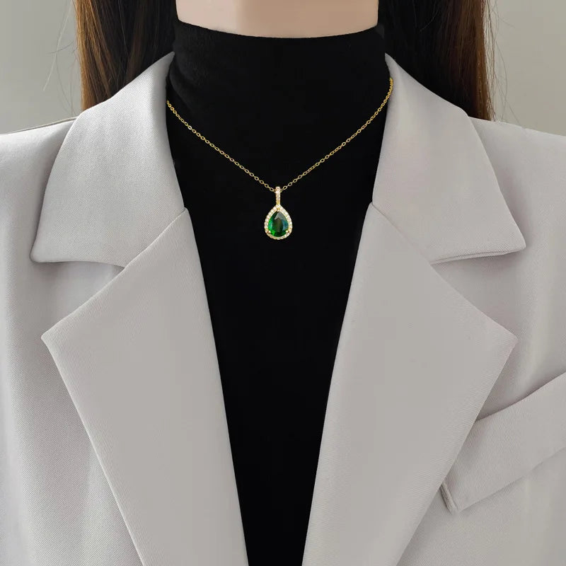 XIYANIKE Water Drop Emerald Zircon Pendant Necklace Earrings Jewelry Set For Women Stainless Steel Chain Necklaces Party Gift