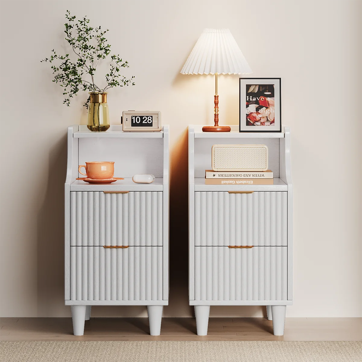 Set of 2, Narrow Nightstand with 2 Drawers, Slim Bedside Table | 11.81"W Modern Nightstand with Open Shelf , Space Saving Storage Cabinet for Bedroom and Study