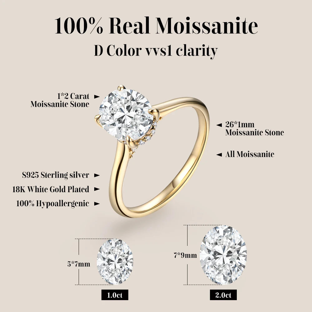 ATTAGEMS Oval Moissanite Ring 925 Sterling Silver for Women
