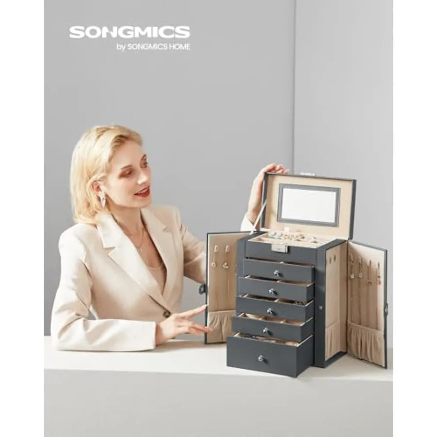 6-Layer Jewelry Box Organizer with 5 Drawers, Jewelry Storage Case with Lock and Mirror, Large Storage Capacity, Gift for Loved