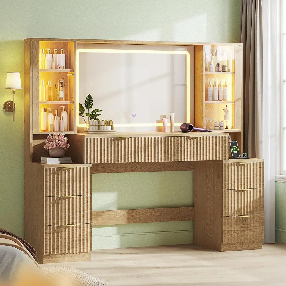 Large Fluted Wood Vanity Desk with Mirror LED Lights 8 Drawers Charging Station Bedroom 59.1in Oak Customized