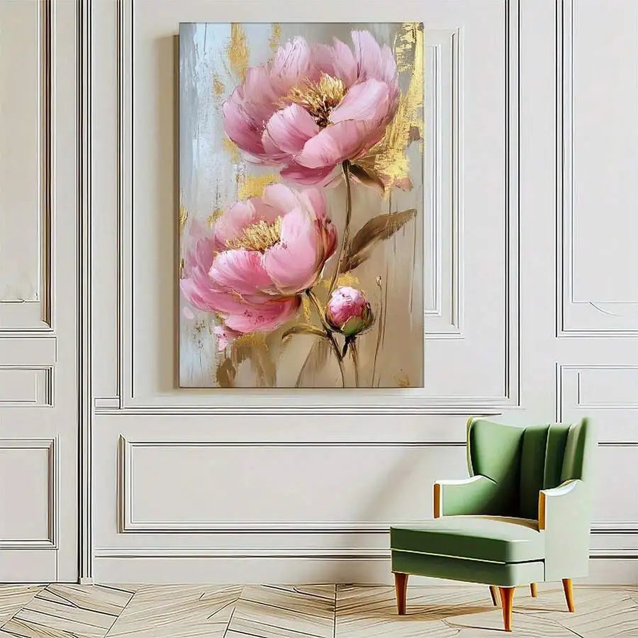 Canvas Peonies Painting With Foil Accents In Wooden Frame