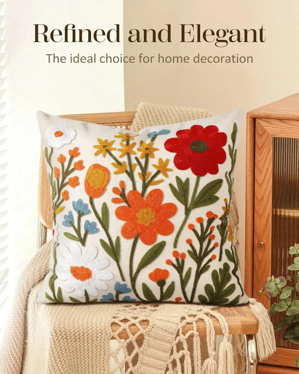 Boho Embroidered Pillow Cover 18x18 - Spring Summer Floral Cushion Case with Zipper for Couch Sofa