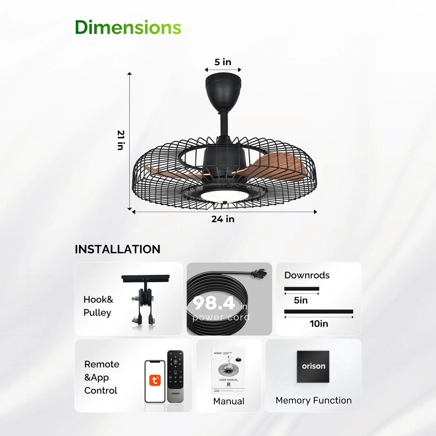 Orison 24' Outdoor Ceiling Fan W/ Light, Weatherproof Gazebo Fan, Plug-In Caged Fan, Remote & APP, 3CCT Dimmable, Hanging Hook