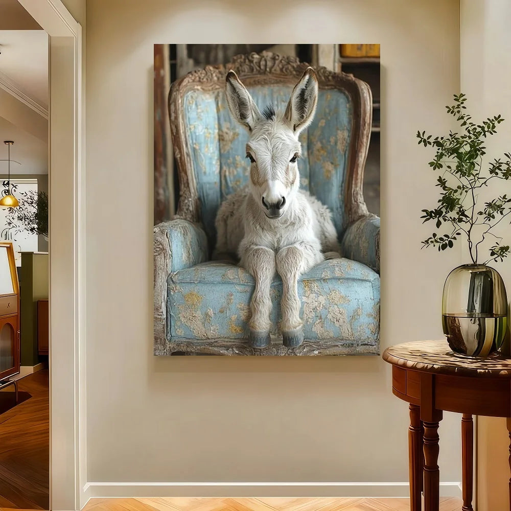 Framed 1pc, With A Frame Measuring , Featuring A Charming Donkey Resting On A Blue Chair, Whimsical Farmhouse Animal Canvas Art