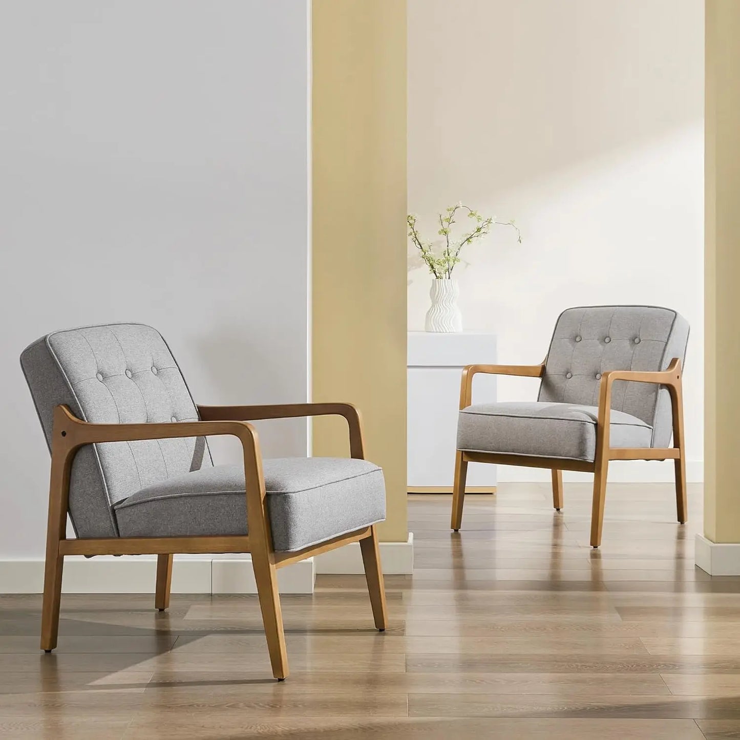 Linen Accent Chair, Mid Century Modern Chair for Living Room, Upholstered Comfy Lounge Armchair with Solid Wood, Customized