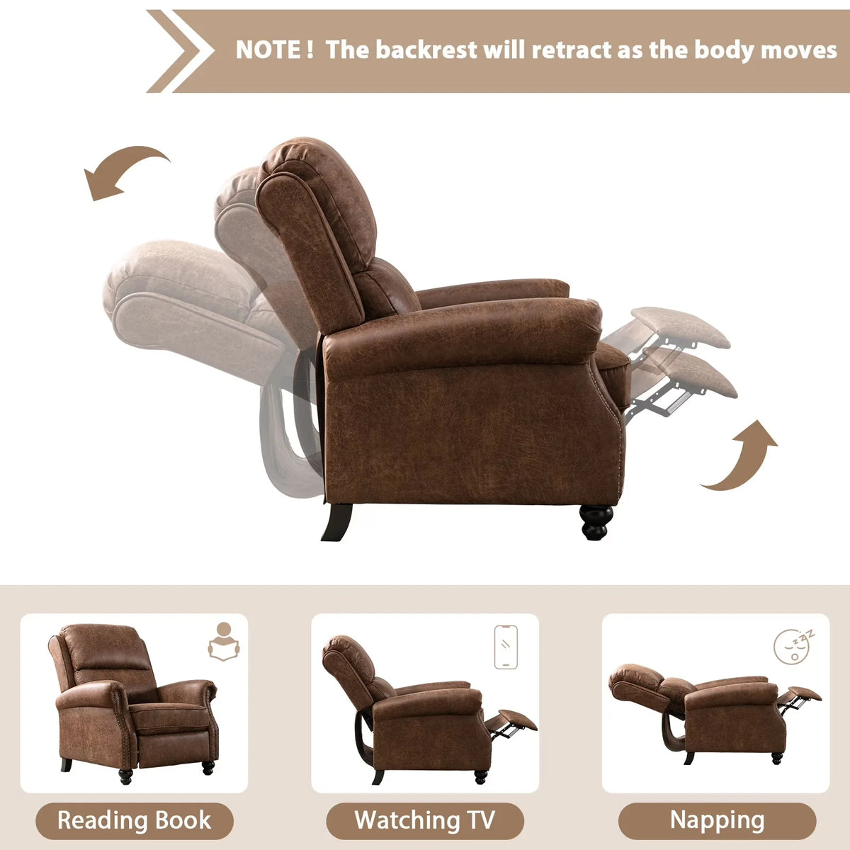 Pushback Recliner Chair Faux Leather Armchair Push Back Recliner with Rivet Decoration Single Sofa Accent Chair for Living Room
